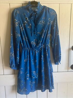 CeCe Bright Blue Floral Tie-Neck Dress